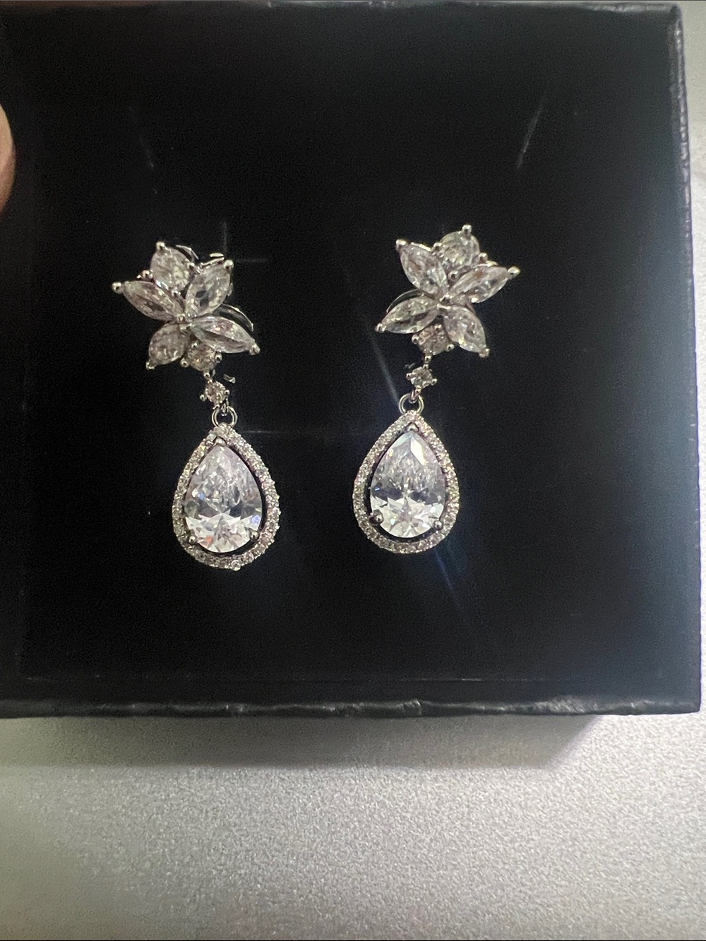 Moissanite Classic Silver Crystal Teardrop Drop Earrings - White